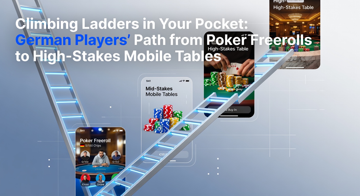 Deutscher Poker-Spieler am Smartphone, das einen High-Stakes-Tisch auf dem Bildschirm zeigt, mit Freeroll-Trophäen im Hintergrund