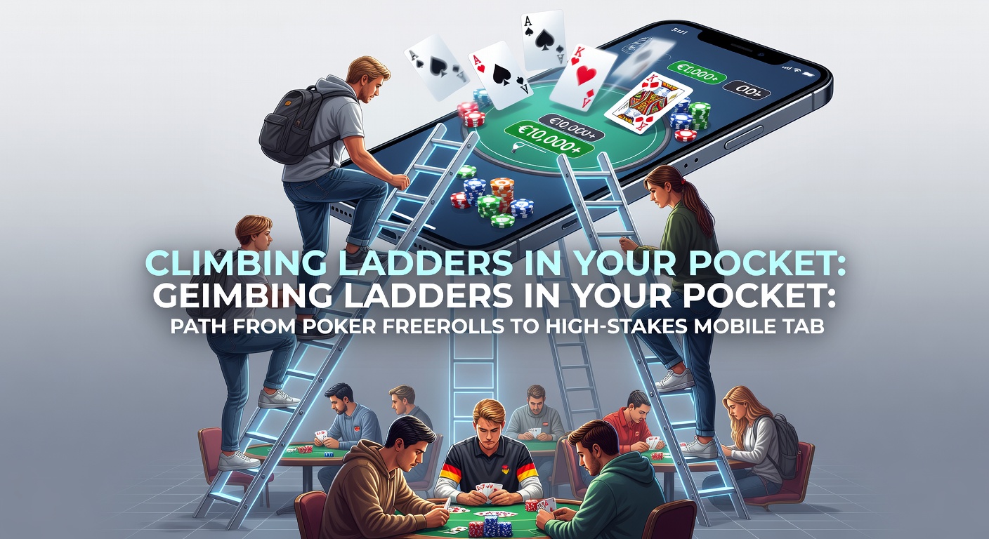 Smartphone mit Poker-App im Vordergrund, umgeben von Grafiken von steigenden Stakes, Freeroll-Turnieren und High-Roller-Tischen